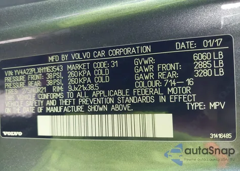 2017 Volvo Xc90 T6 Inscription из США, поврежденный, VIN YV4A22PLXH1163543